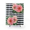 Pink Peonies Black Stripes Chic Shower Curtain 71X74 Home Decor