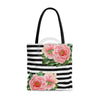 Pink Peonies Black Stripes Chic Tote Bag Large Bags