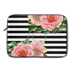 Pink Peonies Black Stripes Laptop Sleeve 13