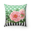 Pink Peonies Green Polka Dot Stripes Art Square Pillow 14X14 Home Decor