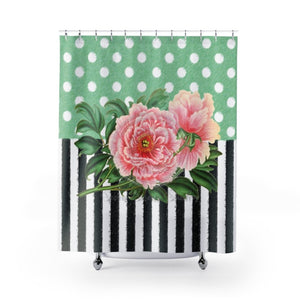 Pink Peonies Green Polka Stripes Shower Curtain 71X74 Home Decor