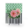 Pink Peonies Green Polka Stripes Shower Curtain 71X74 Home Decor