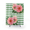 Pink Peonies Green Stripes Chic Shower Curtain 71X74 Home Decor