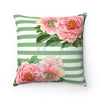 Pink Peonies Green Stripes Chic Square Pillow 14X14 Home Decor
