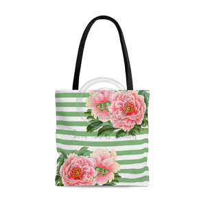 Pink Peonies Green Stripes Chic Tote Bag Large Bags