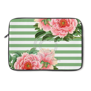 Pink Peonies Green Stripes Laptop Sleeve 13