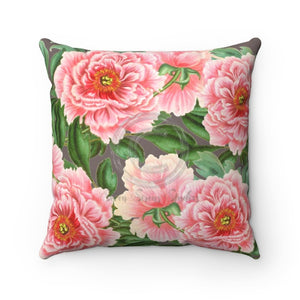 Pink Peonies Grey Square Pillow 14X14 Home Decor