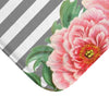 Pink Peonies Grey Stripes Chic Bath Mat Home Decor