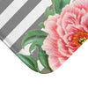 Pink Peonies Grey Stripes Chic Bath Mat Home Decor