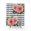 Pink Peonies Grey Stripes Chic Shower Curtain 71X74 Home Decor