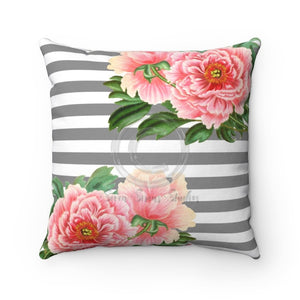 Pink Peonies Grey Stripes Watercolor Art Square Pillow 14X14 Home Decor