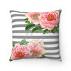 Pink Peonies Grey Stripes Watercolor Art Square Pillow Home Decor
