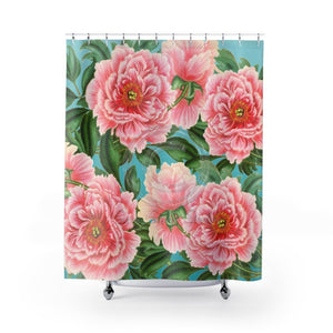 Pink Peonies On Teal Chic Vintage Art Shower Curtain 71X74 Home Decor
