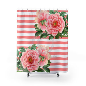 Pink Peonies Salmon Stripes Chic Shower Curtain 71X74 Home Decor