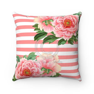 Pink Peonies Salmon Stripes Chic Square Pillow 14X14 Home Decor