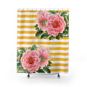 Pink Peonies Yellow Stripes Chic Shower Curtain 71X74 Home Decor