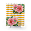 Pink Peonies Yellow Stripes Chic Shower Curtain 71X74 Home Decor