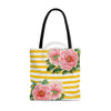 Pink Peonies Yellow Stripes Chic Tote Bag Large Bags