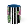 Pink Peony Vintage Black White Pinstripe Art Accent Coffee Mug 11Oz Blue /