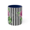 Pink Peony Vintage Black White Pinstripe Art Accent Coffee Mug 11Oz Navy /