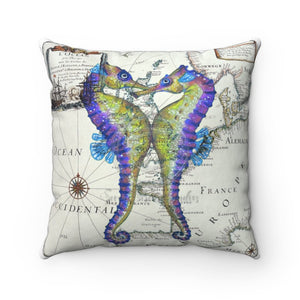 Purple Seahorse Vintage Map Watercolor Square Pillow 14 × Home Decor
