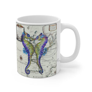 Purple Seahorses Vintage Map Watercolor Mug 11Oz