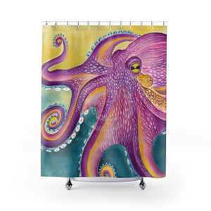 Purple Yellow Octopus Watercolor Art Shower Curtain 71 × 74 Home Decor