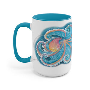 Rainbow Octopus Watercolor Art Two-Tone Coffee Mugs 15Oz / Light Blue Mug