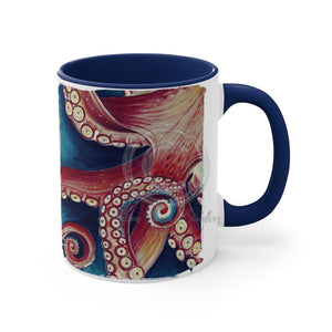 Red Coral Reef Octopus Tentacles Detail Watercolor On White Art Accent Coffee Mug 11Oz Navy /