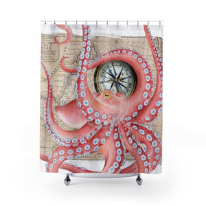 Red Octopus & Compass Art Shower Curtain 71X74 Home Decor