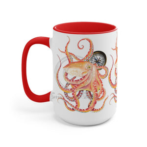 Red Octopus Compass Watercolor Art Two-Tone Coffee Mugs 15Oz / Mug