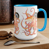 Red Octopus Compass Watercolor Art Two-Tone Coffee Mugs 15Oz Mug