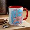 Red Octopus Dance Watercolor Blue On White Art Accent Coffee Mug 11Oz