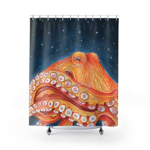 Red Octopus Galaxy Stars Night Watercolor Art Shower Curtain 71 × 74 Home Decor