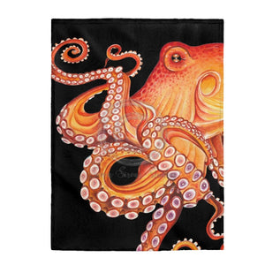 Red Octopus On Black Watercolor Art Velveteen Plush Blanket 60 × 80 All Over Prints