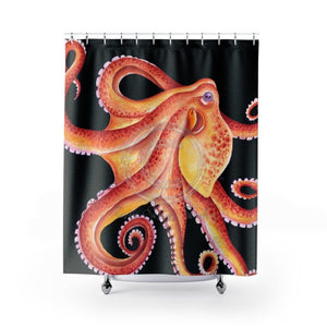 Red Octopus On Black Watercolor Shower Curtain 71 × 74 Home Decor