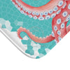 Red Octopus Teal Pattern Watercolor Bath Mat Home Decor