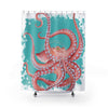 Red Octopus Teal Pattern Watercolor Shower Curtain 71X74 Home Decor