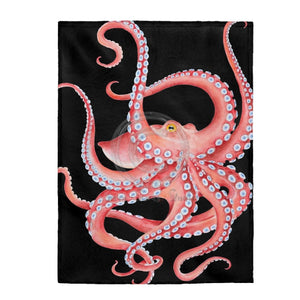 Red Octopus Tentacles Dance On Black Watercolor Art Velveteen Plush Blanket 60 × 80 All Over Prints
