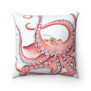 Red Octopus Tentacles Light Grey Ink Art Square Pillow 14X14 Home Decor