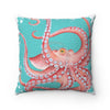 Red Octopus Tentacles Teal Pattern Square Pillow 14X14 Home Decor