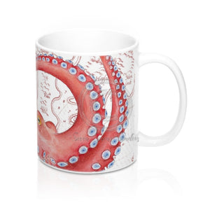 Red Octopus Tentacles Vintage Map Art Mug 11Oz