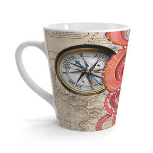Red Octopus Vintage Beige Map Compass Art Latte Mug 12Oz Mug