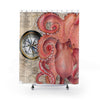Red Octopus Vintage Beige Map Compass Art Shower Curtain 71 × 74 Home Decor