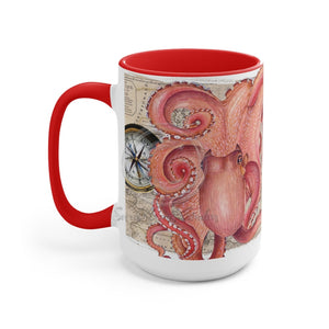 Red Octopus Vintage Beige Map Compass Art Two-Tone Coffee Mugs 15Oz / Mug