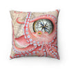 Red Octopus Vintage Map Compass Square Pillow 14X14 Home Decor