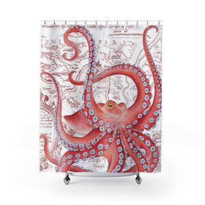 Red Octopus Vintage Map White Shower Curtain 71X74 Home Decor