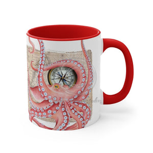 Red Octopus Watercolor Vintage Map Compass On White Art Accent Coffee Mug 11Oz /