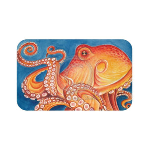Red Orange Octopus On Blue Watercolor Ink Art Bath Mat 34 × 21 Home Decor