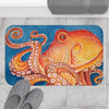 Red Orange Octopus On Blue Watercolor Ink Art Bath Mat Home Decor